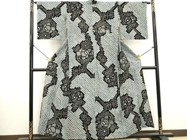 平和屋着物∴夏物　浴衣　有松鳴海絞り　枝花文　黒地　綿　逸品　DABI0963cd