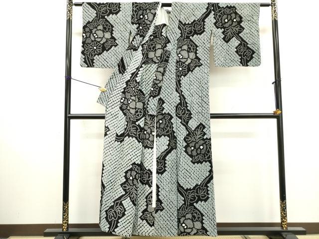 平和屋着物∴夏物　浴衣　有松鳴海絞り　枝花文　黒地　綿　逸品　DABI0963cd