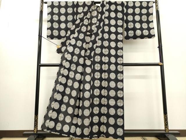 平和屋着物∴夏物　阿波しじら織　浴衣　丸文　黒地　綿　逸品　DABI0968cd