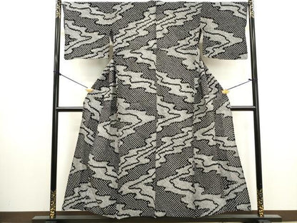 平和屋着物∴夏物　浴衣　有松鳴海絞り　流水文　黒地　綿　逸品　DABI0969cd