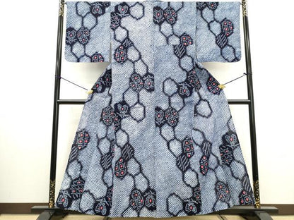 平和屋着物∴夏物　浴衣　有松鳴海絞り　亀甲花蝶文　綿　逸品　DABI0977cd