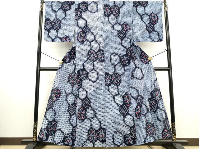 平和屋着物∴夏物　浴衣　有松鳴海絞り　亀甲花蝶文　綿　逸品　DABI0977cd