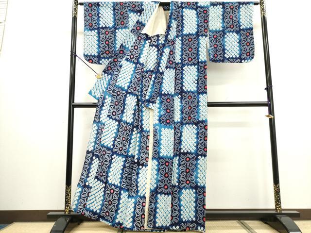 平和屋着物∴夏物　浴衣　有松鳴海絞り　市松麻の葉文様　綿　逸品　DABI0980cd