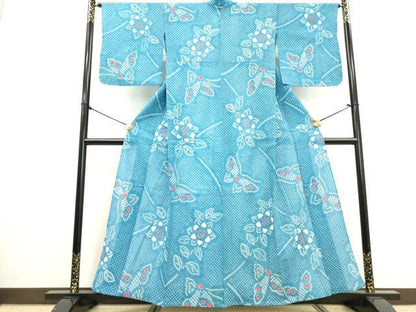 平和屋着物∴夏物　浴衣　有松鳴海絞り　花蝶文　綿　逸品　DABI0992cd