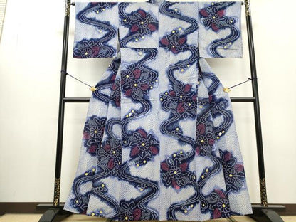 平和屋着物∴夏物　浴衣　有松鳴海絞り　流水草花文　綿　逸品　DABI0996cd