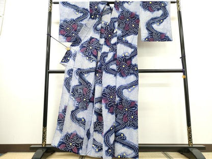 平和屋着物∴夏物　浴衣　有松鳴海絞り　流水草花文　綿　逸品　DABI0996cd