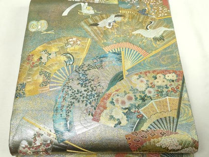 平和屋本店▼西陣あさぎ　両面　全通全景柄袋帯　徳川美術館秘蔵　能楽百扇　24金プラチナ二重箔　正絹　逸品　DABI1018sf