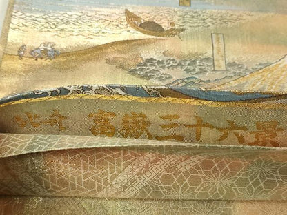 平和屋本店▼西陣　あさぎ　全通全景柄袋帯　北舟　富嶽三十六景　24金プラチナ二重箔　正絹　逸品　DABI1020sf