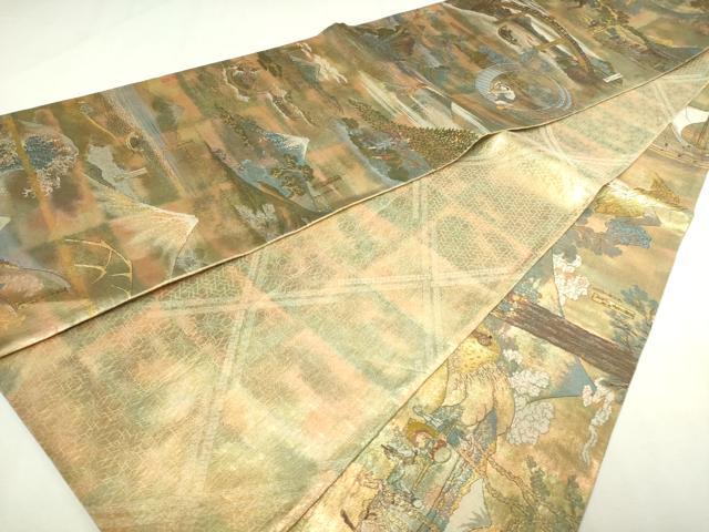 平和屋着物▼西陣　あさぎ　全通全景柄袋帯　北舟　富嶽三十六景　24金プラチナ二重箔　正絹　逸品　DABI1024sf
