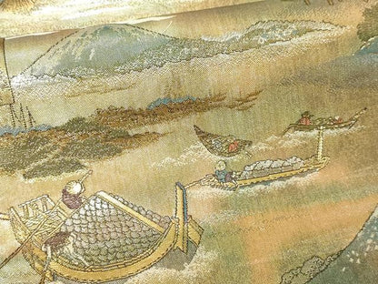 平和屋着物▼西陣　あさぎ　全通全景柄袋帯　北舟　富嶽三十六景　24金プラチナ二重箔　正絹　逸品　DABI1024sf