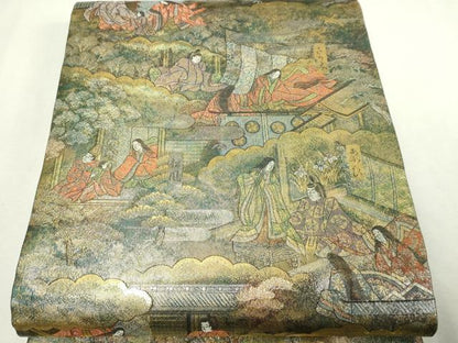 平和屋本店▼西陣　あさぎ　全通全景柄袋帯　源氏物語絵巻　24金プラチナ二重箔　正絹　逸品　DABI1025sf