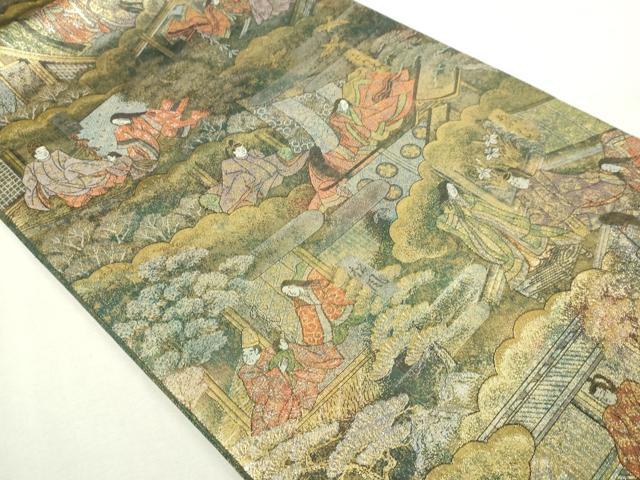 平和屋本店▼西陣　あさぎ　全通全景柄袋帯　源氏物語絵巻　24金プラチナ二重箔　正絹　逸品　DABI1025sf
