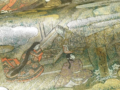 平和屋本店▼西陣　あさぎ　全通全景柄袋帯　源氏物語絵巻　24金プラチナ二重箔　正絹　逸品　DABI1025sf