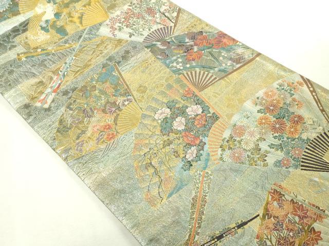 平和屋本店▼西陣　あさぎ　両面　全通全景柄袋帯　琳派三十六華扇　24金プラチナ二重箔　正絹　逸品　DABI1027sf