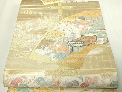 平和屋本店▼六通柄袋帯　唐織　格天井光悦扇　純金箔　正絹　逸品　DABI1030sf