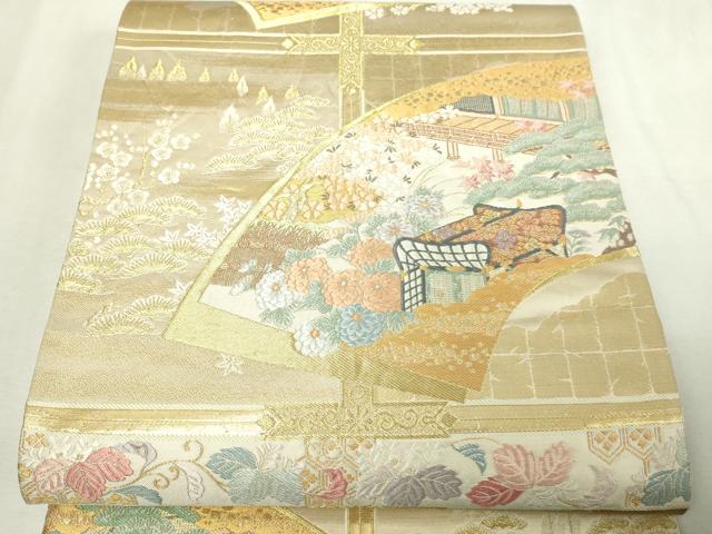 平和屋本店▼六通柄袋帯　唐織　格天井光悦扇　純金箔　正絹　逸品　DABI1030sf