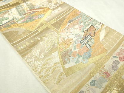 平和屋本店▼六通柄袋帯　唐織　格天井光悦扇　純金箔　正絹　逸品　DABI1030sf