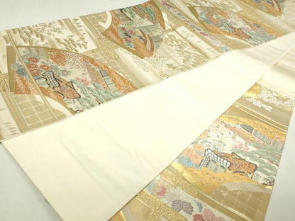 平和屋本店▼六通柄袋帯　唐織　格天井光悦扇　純金箔　正絹　逸品　DABI1030sf