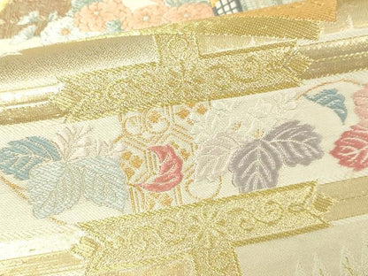 平和屋本店▼六通柄袋帯　唐織　格天井光悦扇　純金箔　正絹　逸品　DABI1030sf