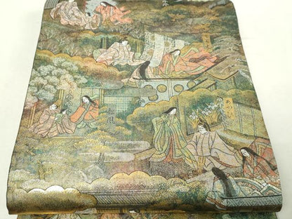 平和屋本店▼西陣　あさぎ　全通全景柄袋帯　源氏物語絵巻　24金プラチナ二重箔　正絹　逸品　DABI1039sf