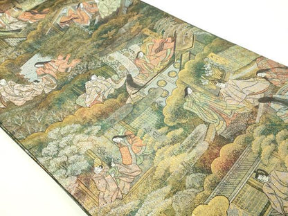 平和屋本店▼西陣　あさぎ　全通全景柄袋帯　源氏物語絵巻　24金プラチナ二重箔　正絹　逸品　DABI1039sf