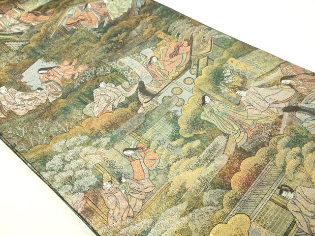 平和屋本店▼西陣　あさぎ　全通全景柄袋帯　源氏物語絵巻　24金プラチナ二重箔　正絹　逸品　DABI1039sf