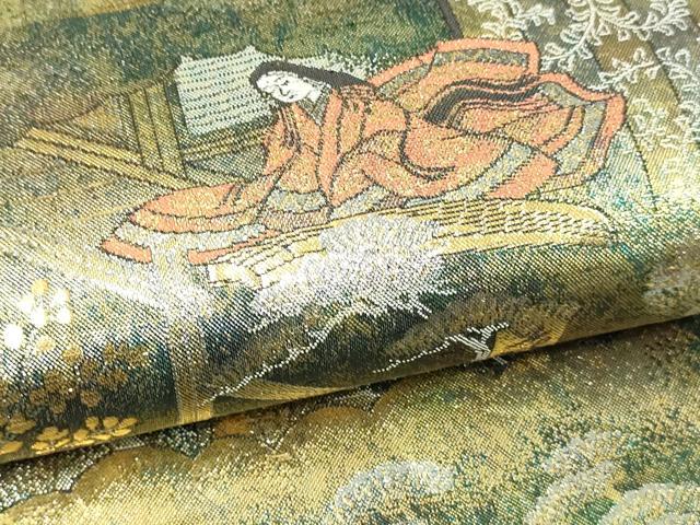 平和屋本店▼西陣　あさぎ　全通全景柄袋帯　源氏物語絵巻　24金プラチナ二重箔　正絹　逸品　DABI1039sf
