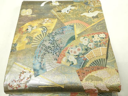 平和屋本店▼西陣　あさぎ　全通全景柄袋帯　徳川美術館秘蔵　能楽百扇　24金プラチナ二重箔　正絹　逸品　DABI1040sf