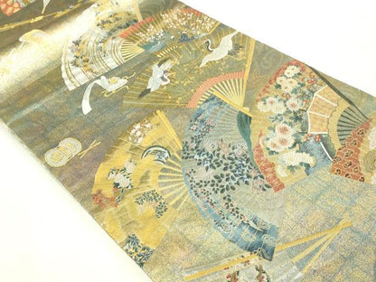 平和屋本店▼西陣　あさぎ　全通全景柄袋帯　徳川美術館秘蔵　能楽百扇　24金プラチナ二重箔　正絹　逸品　DABI1040sf