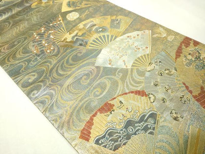 平和屋本店▼西陣　あさぎ　全通全景柄袋帯　徳川美術館秘蔵　能楽百扇　24金プラチナ二重箔　正絹　逸品　DABI1040sf