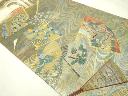 平和屋本店▼西陣　あさぎ　全通全景柄袋帯　徳川美術館秘蔵　能楽百扇　24金プラチナ二重箔　正絹　逸品　DABI1040sf