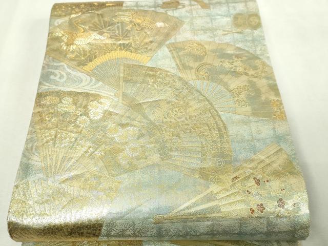 平和屋本店▼西陣　あさぎ　全通全景柄袋帯　徳川美術館秘蔵　能楽百扇　24金プラチナ二重箔　正絹　逸品　DABI1040sf