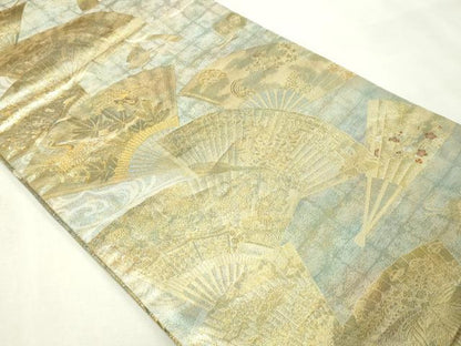 平和屋本店▼西陣　あさぎ　全通全景柄袋帯　徳川美術館秘蔵　能楽百扇　24金プラチナ二重箔　正絹　逸品　DABI1040sf