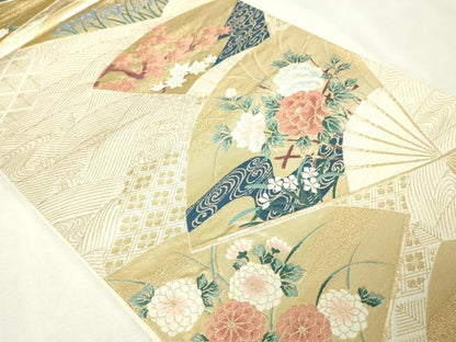平和屋本店▼六通柄袋帯　扇面草花文　琳派純金箔24ｋ　正絹　逸品　DABI1043sf