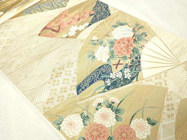 平和屋本店▼六通柄袋帯　扇面草花文　琳派純金箔24ｋ　正絹　逸品　DABI1043sf
