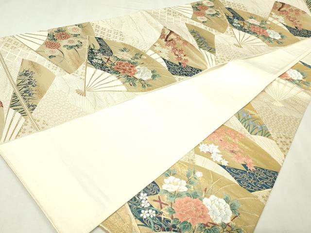 平和屋本店▼六通柄袋帯　扇面草花文　琳派純金箔24ｋ　正絹　逸品　DABI1043sf