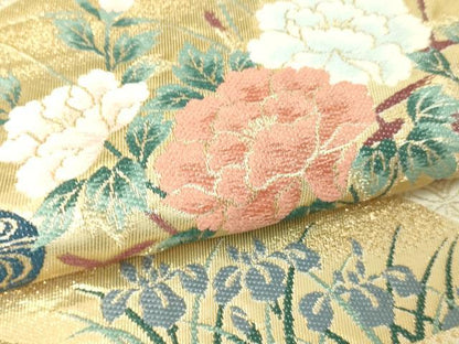 平和屋本店▼六通柄袋帯　扇面草花文　琳派純金箔24ｋ　正絹　逸品　DABI1043sf