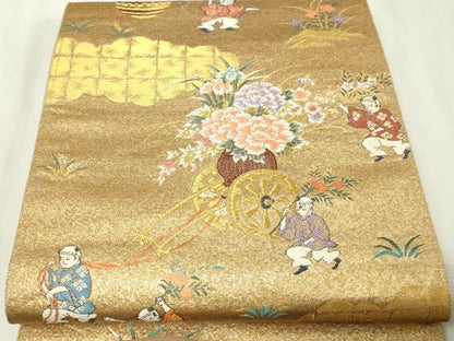 平和屋本店▼六通柄袋帯　唐子屏風絵巻　純金箔24ｋ　正絹　逸品　DABI1053sf