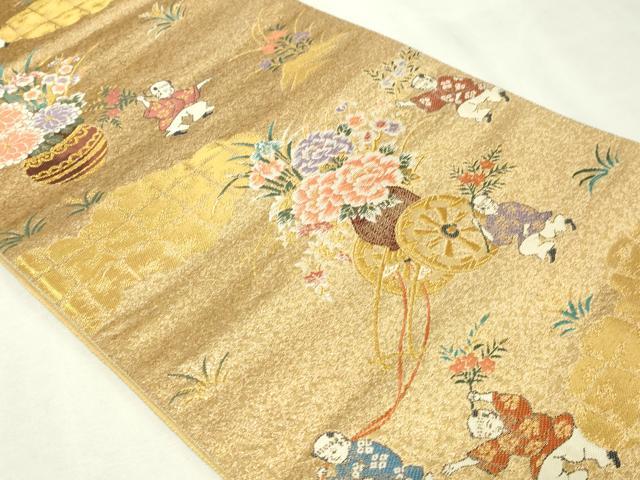 平和屋本店▼六通柄袋帯　唐子屏風絵巻　純金箔24ｋ　正絹　逸品　DABI1053sf
