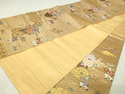 平和屋本店▼六通柄袋帯　唐子屏風絵巻　純金箔24ｋ　正絹　逸品　DABI1053sf