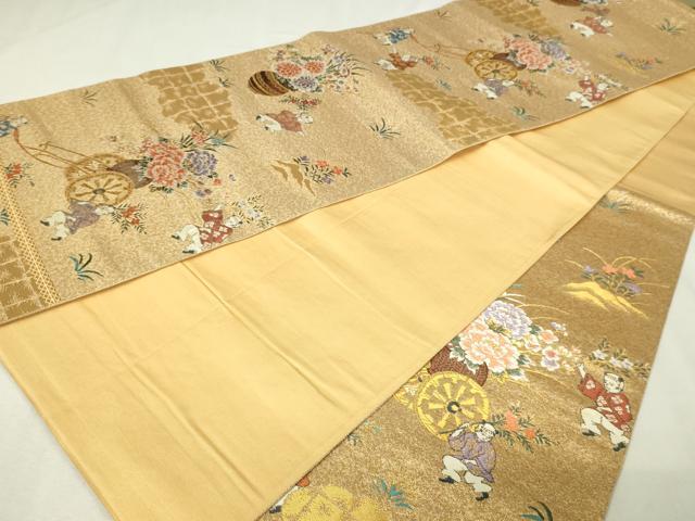 平和屋本店▼六通柄袋帯　唐子屏風絵巻　純金箔24ｋ　正絹　逸品　DABI1053sf