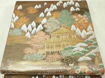 平和屋本店▼六通柄袋帯　風景草花文　本金二重箔　正絹　逸品　DABI1059sf