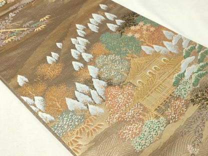 平和屋本店▼六通柄袋帯　風景草花文　本金二重箔　正絹　逸品　DABI1059sf