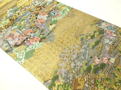 平和屋本店▼西陣　廣部商事謹製　全通全景柄袋帯　京洛祇園祭還幸絵巻　弐捨四金箔使用　正絹　逸品　DABI1073sf