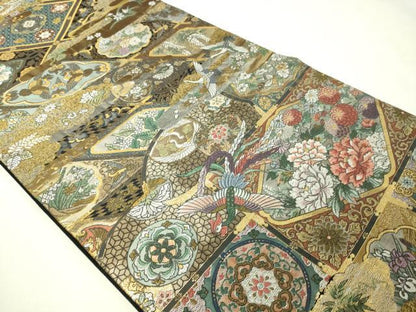 平和屋本店▼六通柄袋帯　鳳凰飛鶴花文　本金箔　正絹　逸品　DABI1075sf