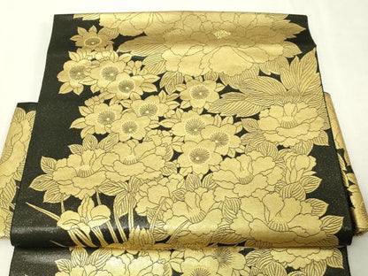 平和屋本店●西陣　長嶋成織物　ながしま帯　つけ帯　牡丹草花文　本金箔　瀞金錦　正絹　逸品　DABI1084sf