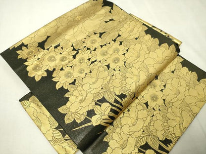 平和屋本店●西陣　長嶋成織物　ながしま帯　つけ帯　牡丹草花文　本金箔　瀞金錦　正絹　逸品　DABI1084sf