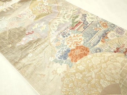 平和屋本店▼六通柄袋帯　九百錦　寿栄花扇文　二重織　本金箔　正絹　逸品　DABI1117sf