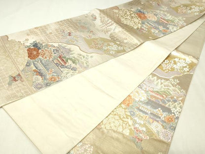 平和屋本店▼六通柄袋帯　九百錦　寿栄花扇文　二重織　本金箔　正絹　逸品　DABI1117sf