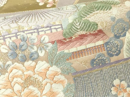 平和屋本店▼六通柄袋帯　九百錦　寿栄花扇文　二重織　本金箔　正絹　逸品　DABI1117sf
